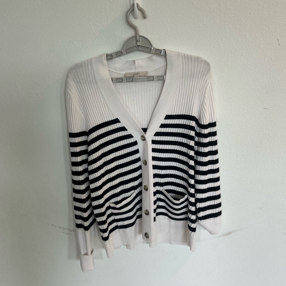 Loft Women’s Black & White Striped Long Sleeve Cardigan W/ Pockets Size Xl Nwot